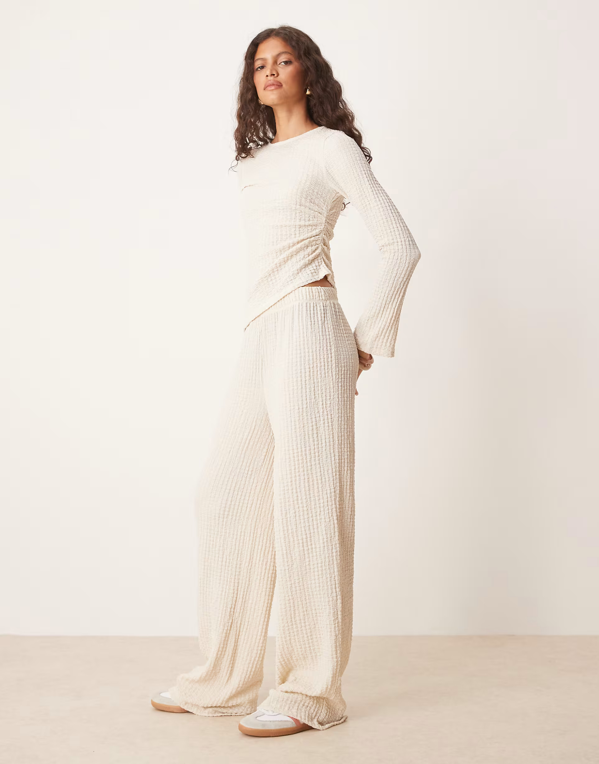 ASOS DESIGN co-ord textured wide leg trouser in cream | ASOS (Global)