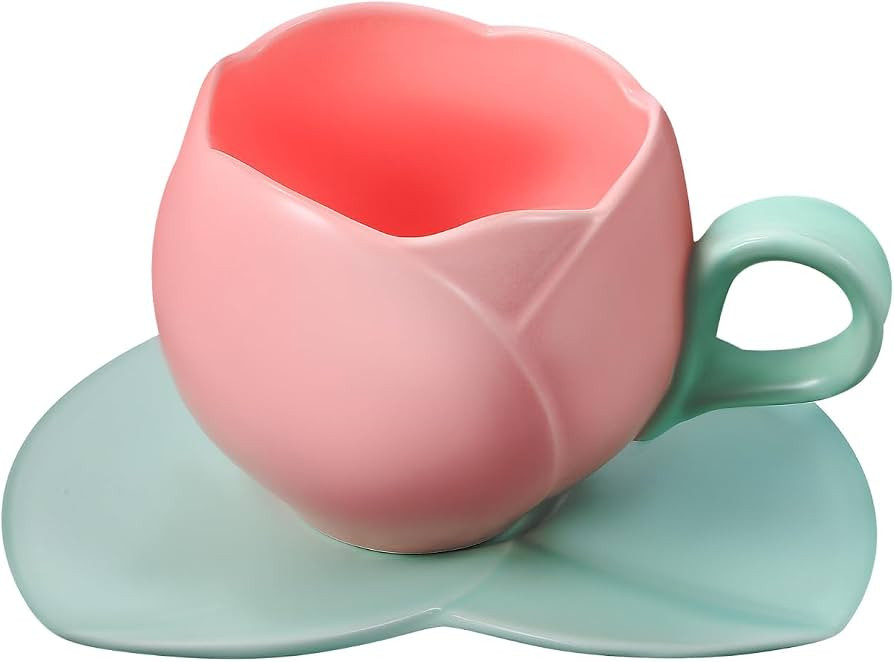 NOLITOY Ceramic Coffee Mug, Tulip Shape Coffee Cup, Cute Pink Cup for Women with Saucer, 10 oz/30... | Amazon (US)