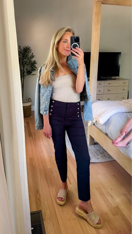 tailored pants dressy pants navy trousers tube top strapless top sandals wedges platform wedge dolce vita sandals denim jacket jean jacket date night outfit office outfit workwear 

#LTKFindsUnder50 #LTKWorkwear #LTKFindsUnder100