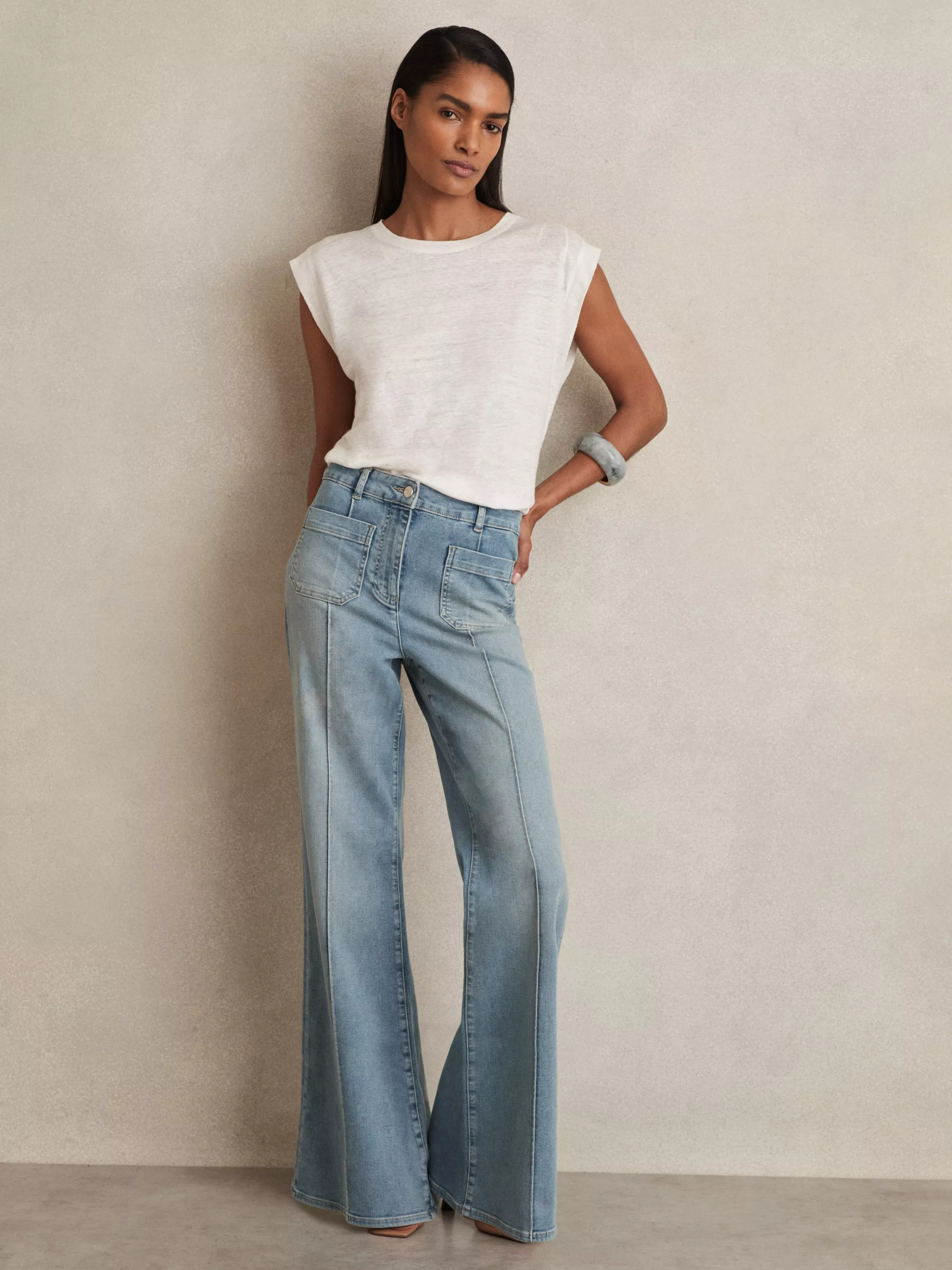 Reiss Sakura Patch Pocket Flare Jeans, Mid Blue | John Lewis (UK)