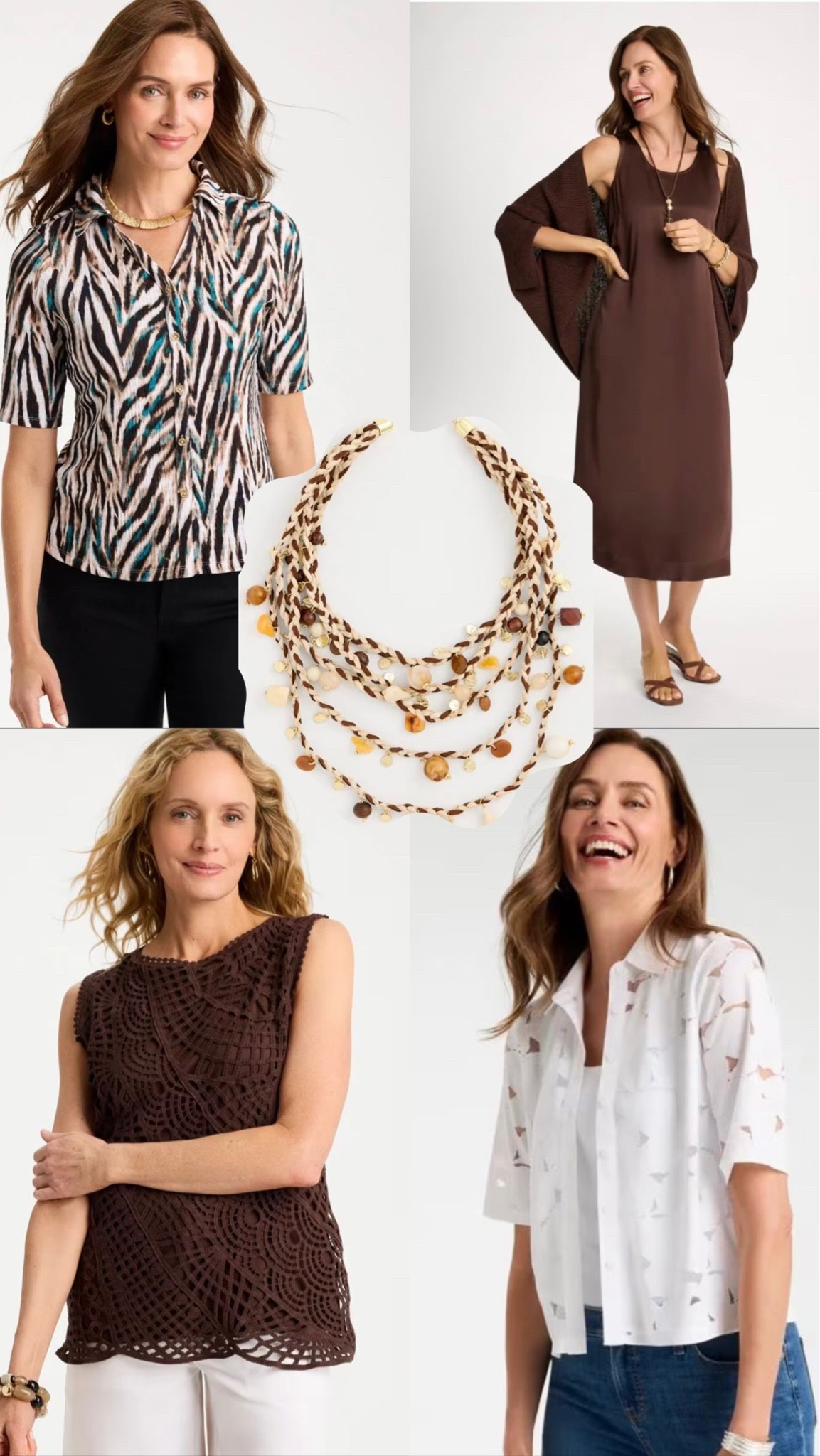 Summer neutrals. The satin dress is awesome and can be worn all though the fall by layering a cardigan, blazer or a leather or suede jacket.
Chicos has the best selection of fashion jewelry at an affordable price. 
White lace camp shirt, zebra print top, crochet top

#LTKOver40 #LTKgrwm #LTKWorkwear