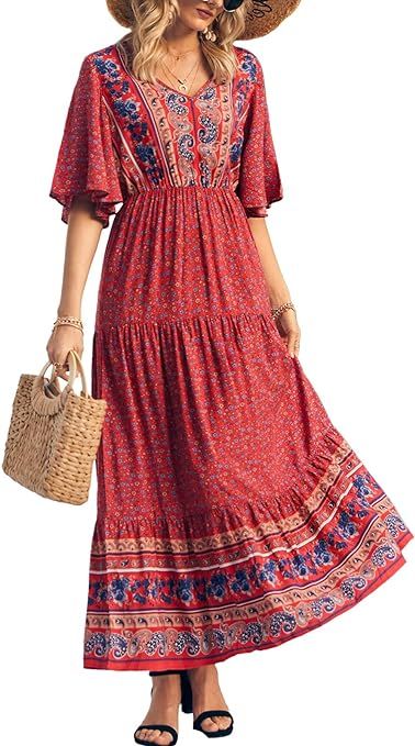 PRETTYGARDEN Women's Casual Floral Print V Neck Short Sleeve Summer Boho Beach Dress High Waist L... | Amazon (US)