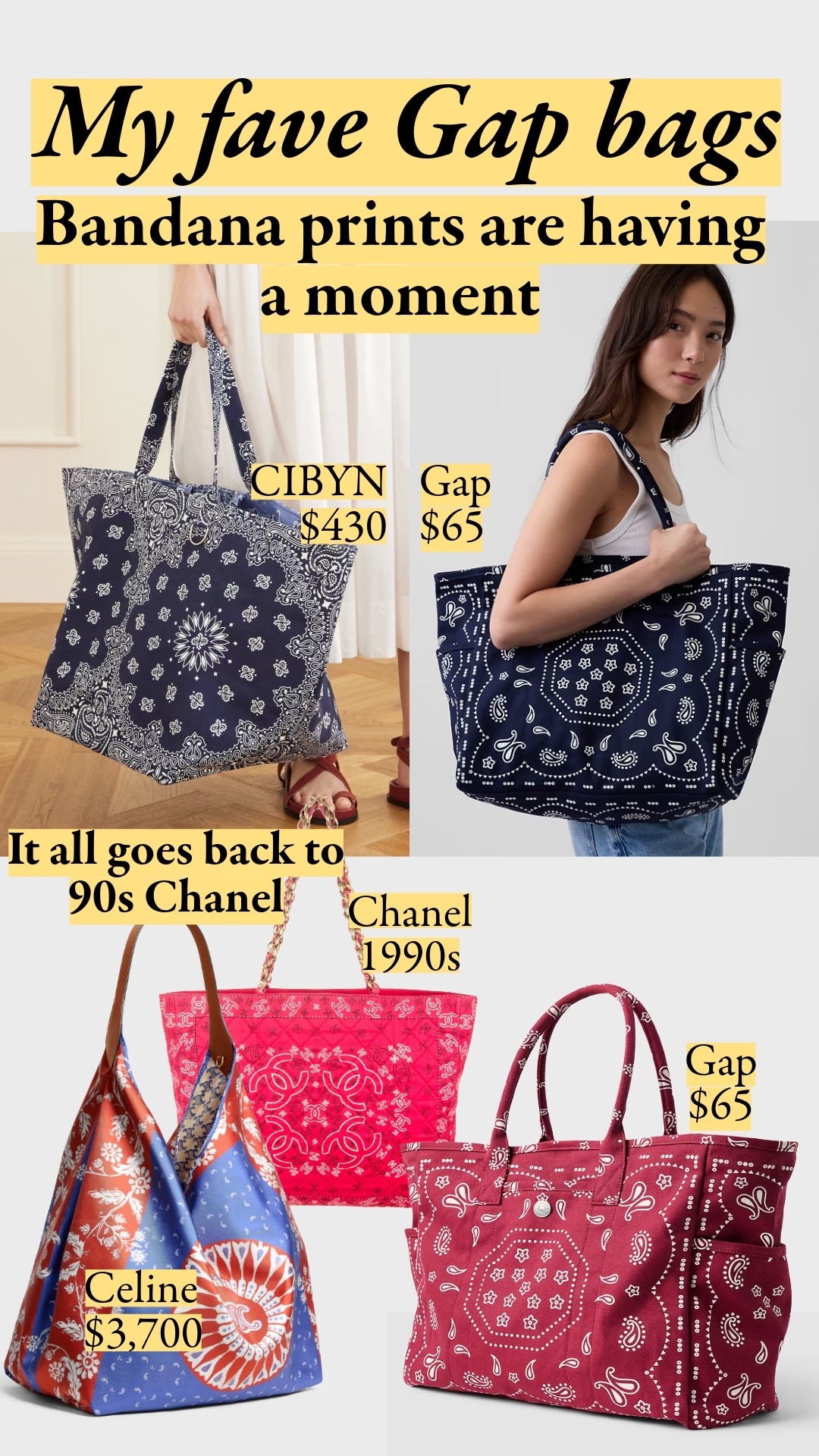 My favorite tote from Gap's new line, and I love the bandana prints. It all goes back to 1990s Chanel. If you're craving a pop of color, this pattern delivers that joy with more subtlety and sophistication. This pattern has the right scale for the bag so you get the details, but it's not too busy.

#LTKootd #LTKSeasonal