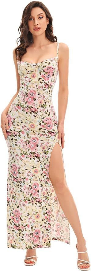 Romwe Women's Elegant Floral Print Spaghetti Strap Cowl Neck High Slit Bodycon Maxi Dress | Amazon (US)