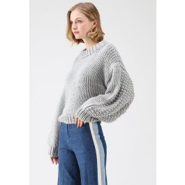 Chunky Chunky Puff Sleeves Cropped Sweater in Grey | Chicwish