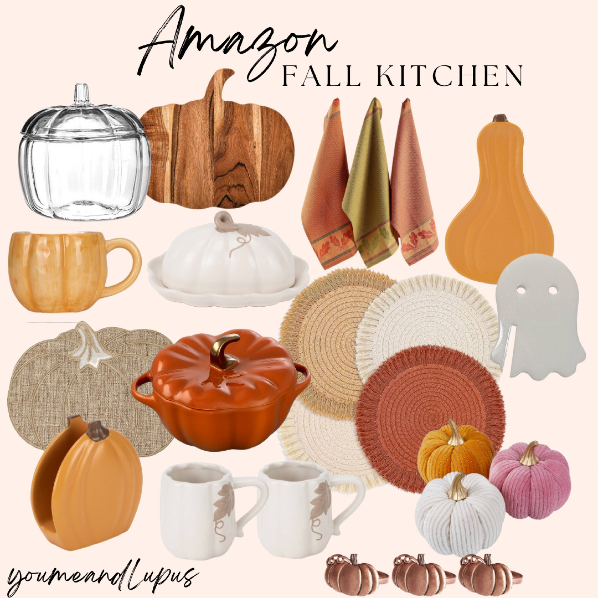 Amazon fall kitchen finds, pumpkin plates, butter dish, place mats, napkin holder, faux pumpkins, pumpkin napkin ring holders, clear pumpkin candy dish, mugs, table decor, ghost drink tags, ceramic pumpkin oven/stove, pumpkin shaped cutting board, candies, YoumeandLupus, fall finds, autumn, kitchen

#LTKSeasonal #LTKhome #LTKHoliday