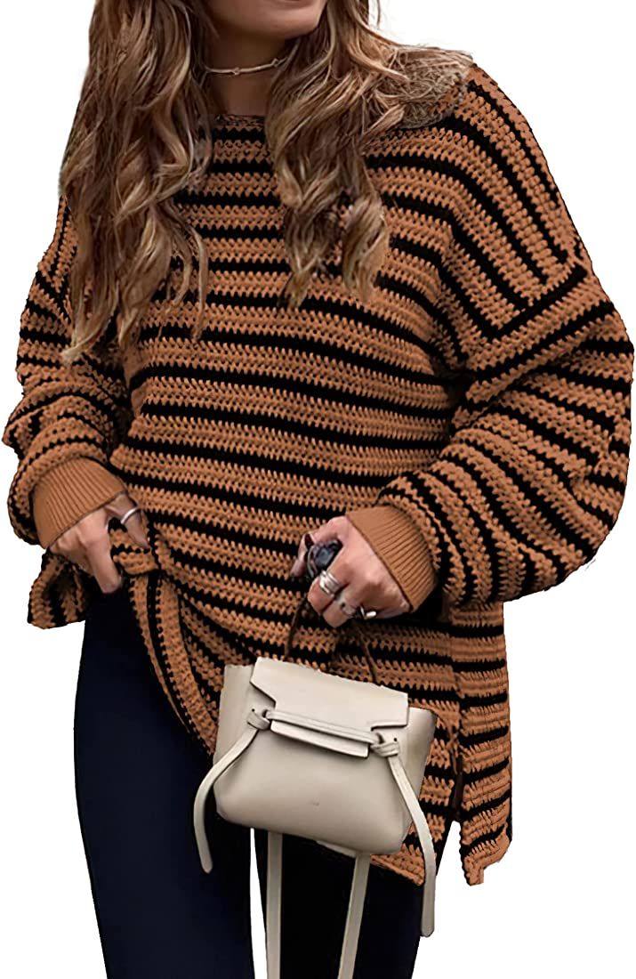 KIRUNDO 2022 Fall Winter Women's Oversized Long Sleeve Striped Sweater Casual Crewneck Side Split Pu | Amazon (US)