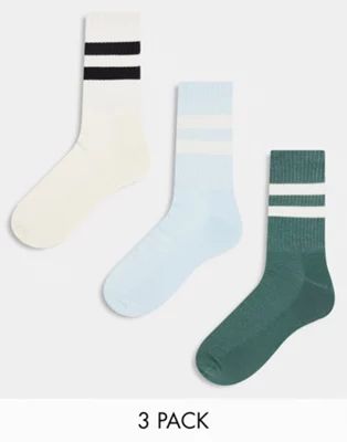 ASOS DESIGN 3 pack stripe sports socks in cream, light blue and green | ASOS (Global)