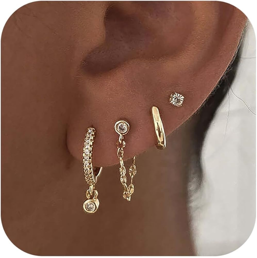 Gold Earrings for Women, 14k Gold Plated CZ Chain Earring Stacks Dainty Gold Hoop Earrings Set Hy... | Amazon (US)