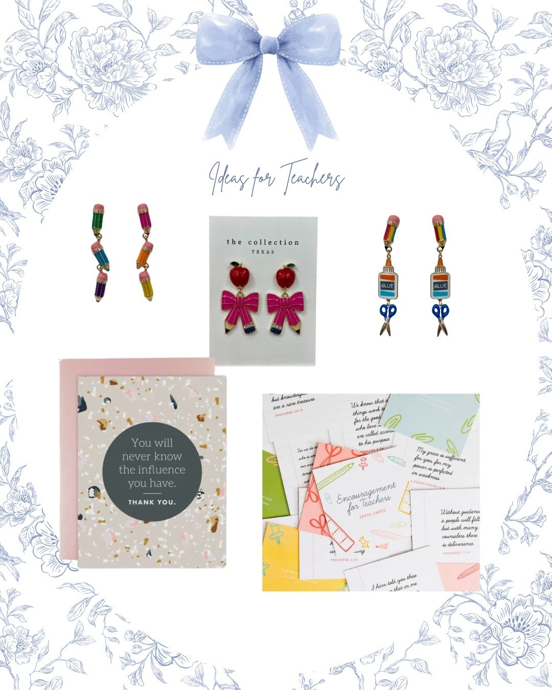 Teacher gift ideas 
Teacher earrings 
Teacher cards 
Bible verse cards 
