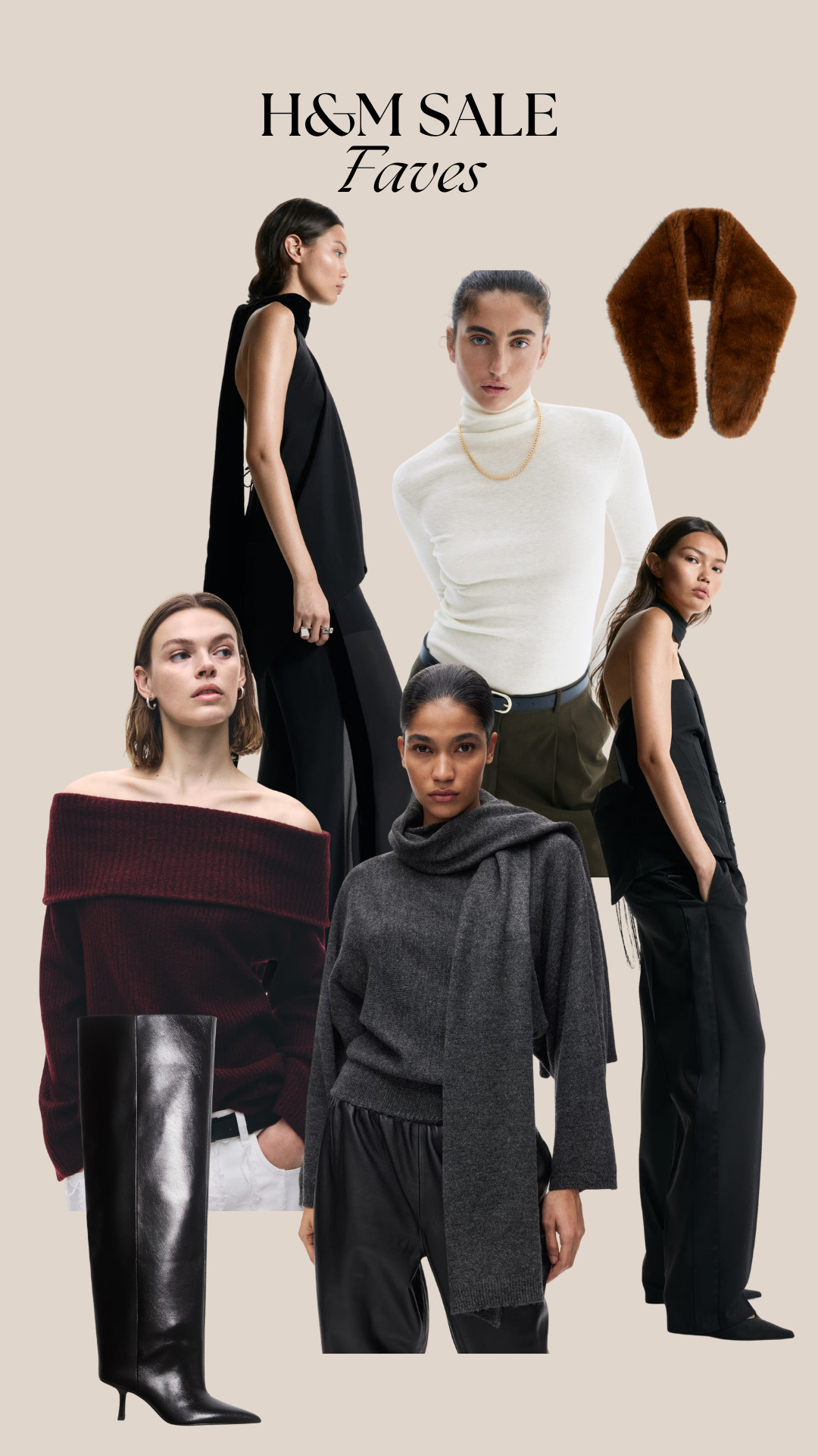 H&M Sale Picks, winter outfits, chic layering, knitwear edit, off-shoulder jumper, one-shoulder jumper, cozy essentials, cashmere pieces, statement boots, knee-high boots, fine-knit jumper, fluffy scarf, tuxedo trousers, studded jeans, elegant winter style 

 #LTKuk #LTKautumn #LTKsale