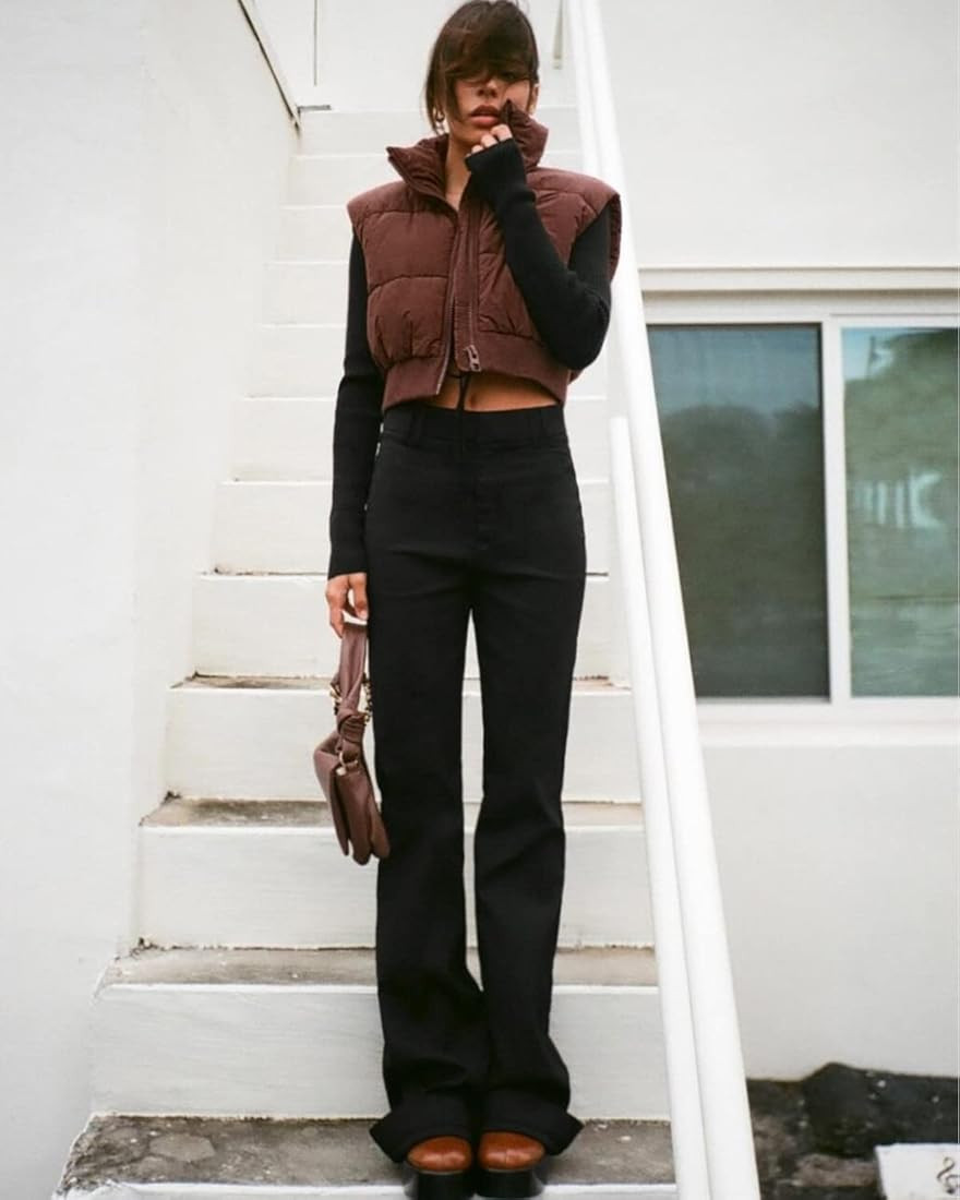 Shiyifa Women's Fashion High Neck Zipper Cropped Puffer Vest Jacket Coat | Amazon (US)