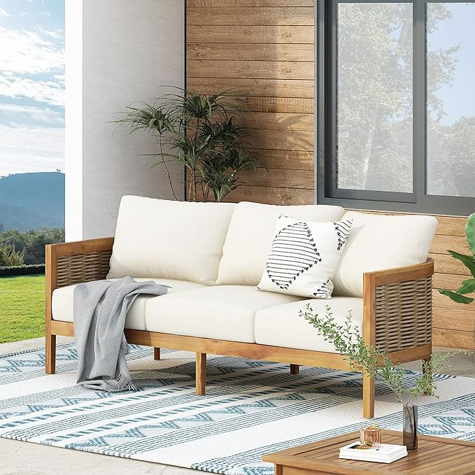 Merax 76.5" Outdoor Acacia Wood Wicker 3 Seater Sofa, Patio Furniture Couch for Backyard | Amazon (US)