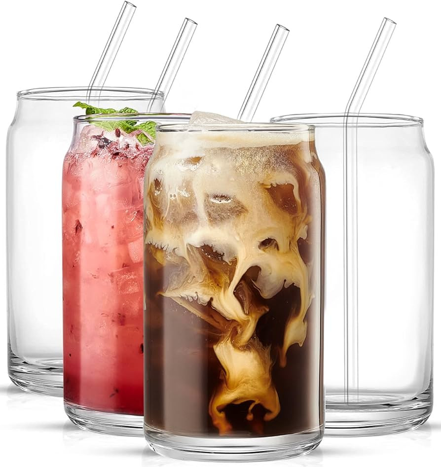 Drinking Glass Set of 4 - Can Sake Cups with Straws and Tumbler, 16oz Iced Coffee & Tea Glasses, ... | Amazon (US)