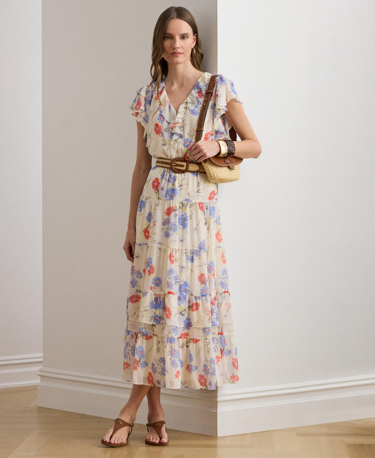 Lauren Ralph Lauren Women's Floral Print V-Neck Tiered Maxi Dress - Cream Multi | Macy's