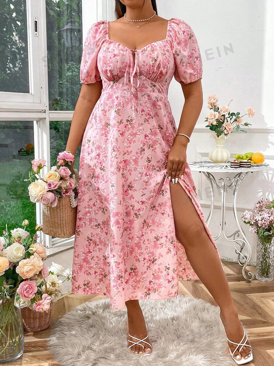 SHEIN Frenchy Plus Size Short Sleeve Floral Printed Split Romantic Holiday Dress Summer | SHEIN