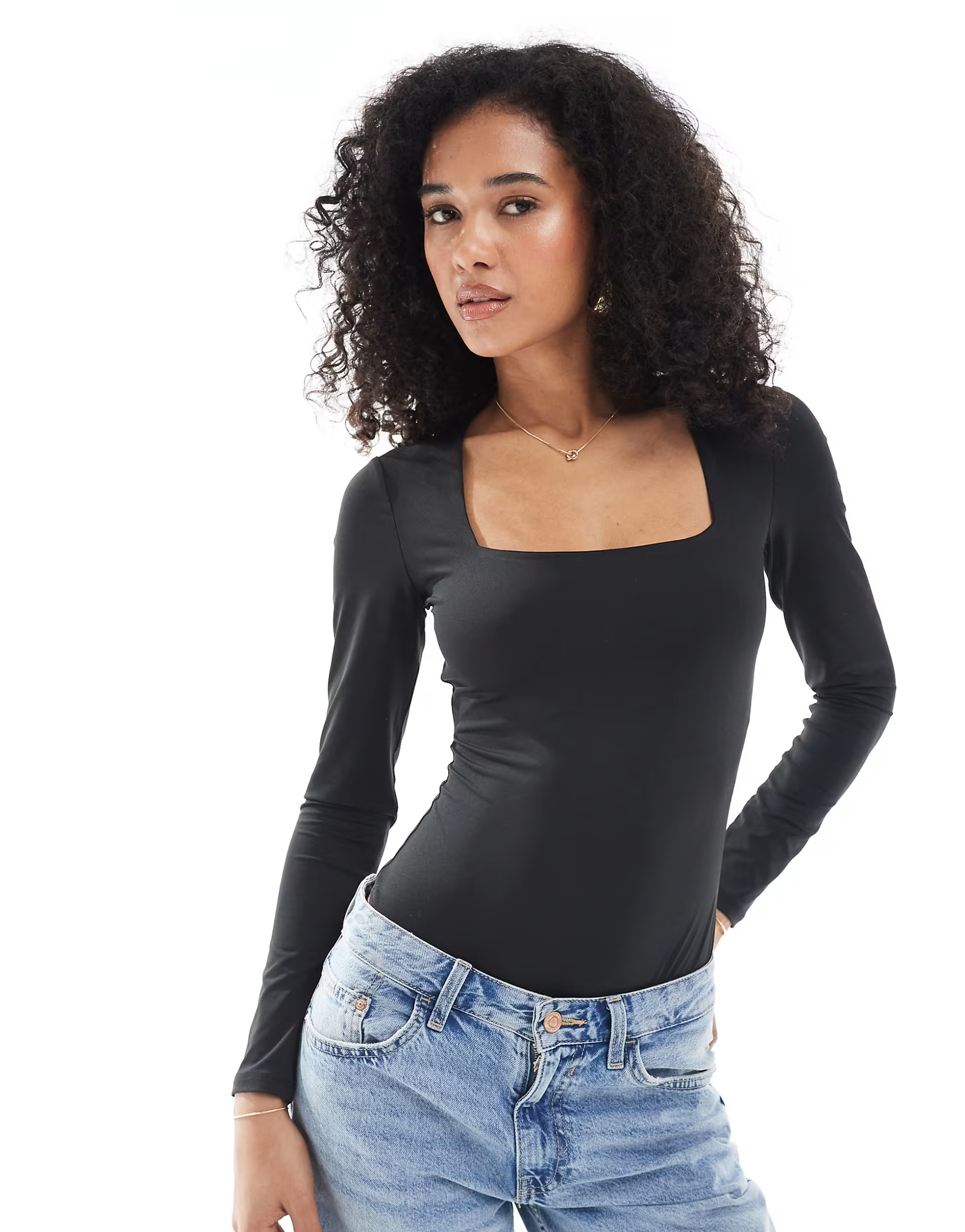 New Look long sleeve square neck bodysuit in black | ASOS (Global)