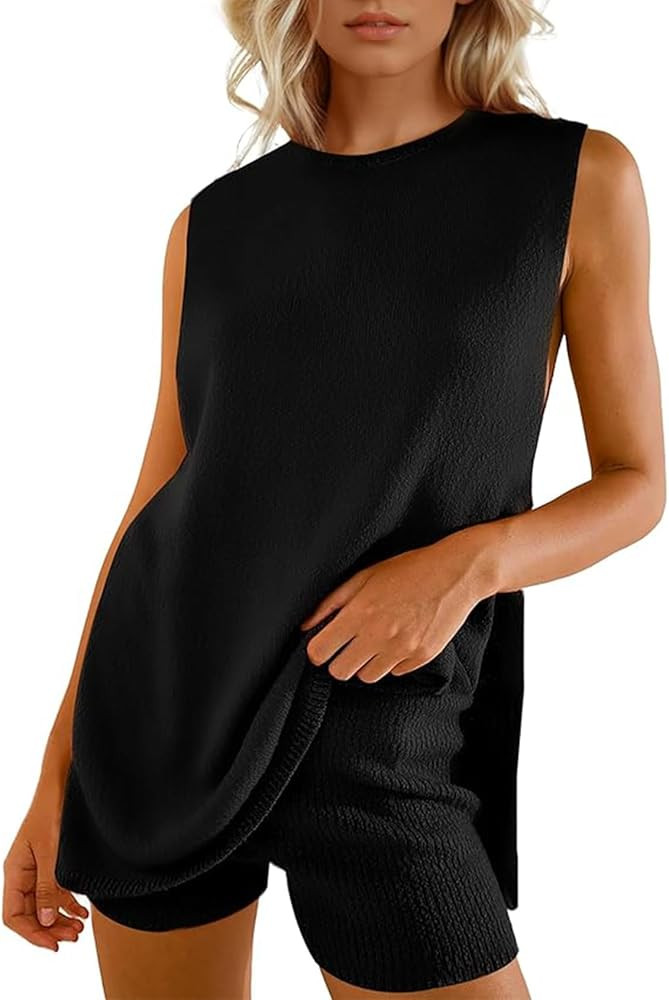 Arssm Women Summer Sleeveless Sweater Sets Knit 2 Piece Outfits Tunic Tank Top Matching Shorts Va... | Amazon (US)