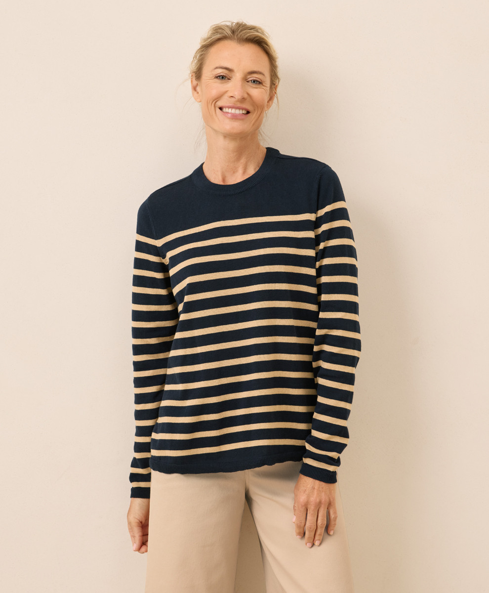 Women's Encinitas Stripe Midnight Blue Classic Fine Knit Crew Sweater L | Pact Apparel