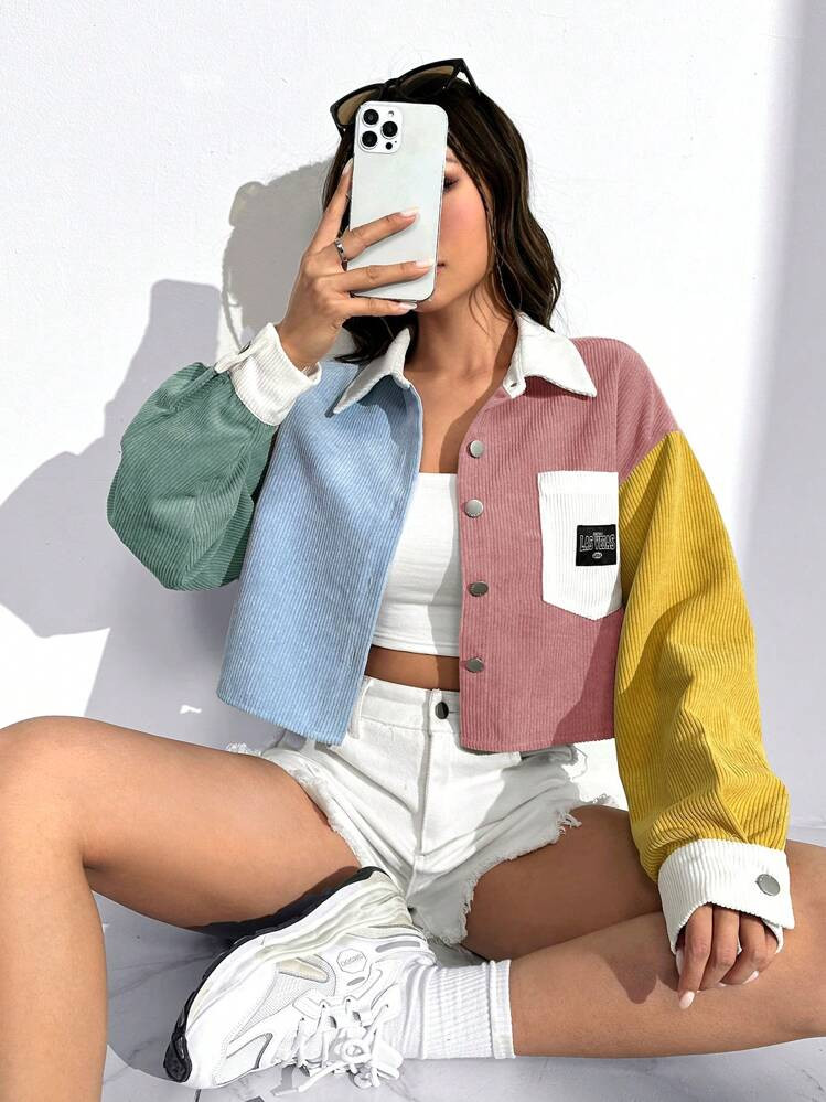 SHEIN EZwear Corduroy Letter Patch Pocket Cropped Button-Down Jacket In Fall/Winter | SHEIN