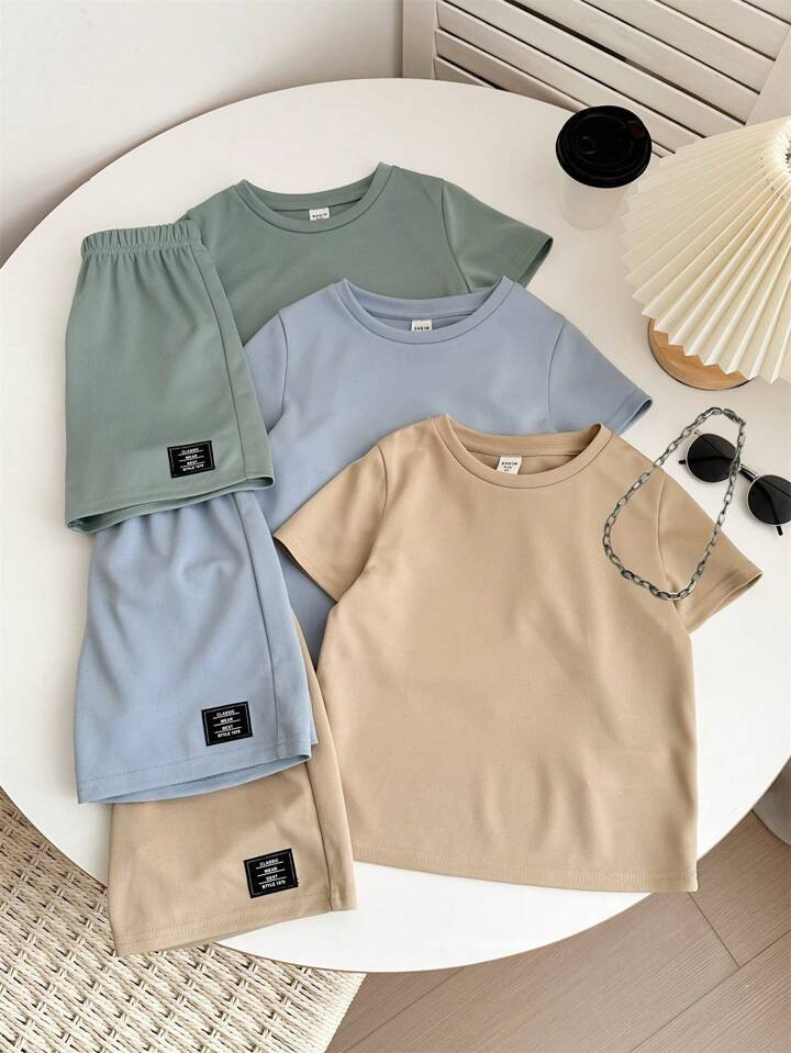 SHEIN 3pcs/Set Kids Summer Clothes, Young Boy Casual Style Metal Chain Decor Round Neck Short Sle... | SHEIN