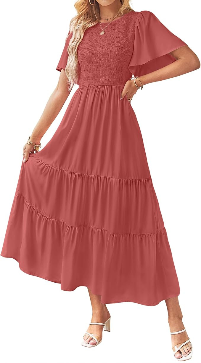 ZESICA Women's Summer Casual Flutter Short Sleeve Crew Neck Solid Color Smocked Tiered A Line Flo... | Amazon (US)