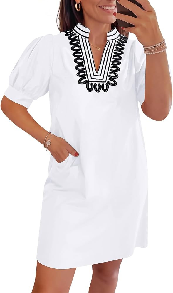 Wenrine Womens Summer V Neck Shift Dresses Puff Short Sleeve Casual Dressy Embroidered Boho Short... | Amazon (US)