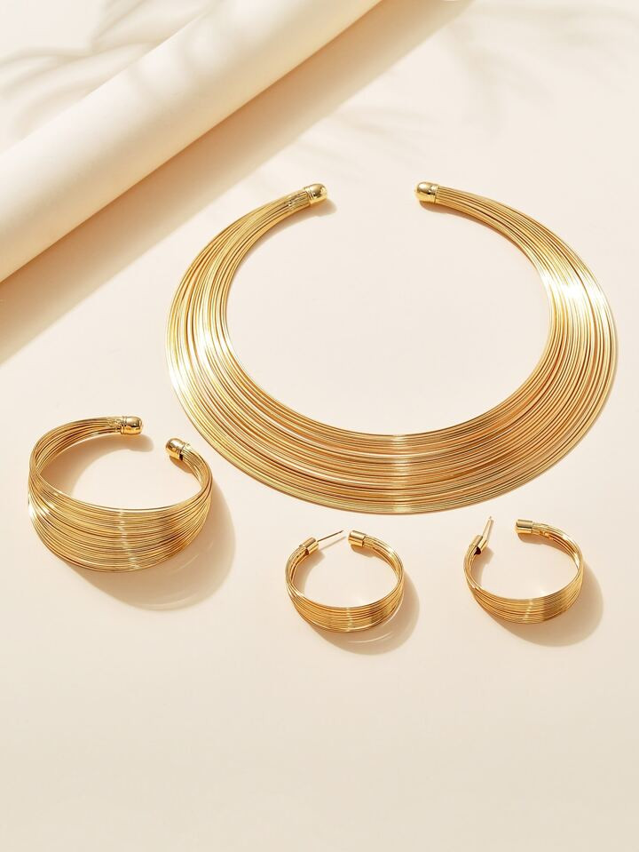 1pc Chunky Collar Necklace, 1pc Bangle Bracelet, 1pair Dangle Earrings For Women | SHEIN