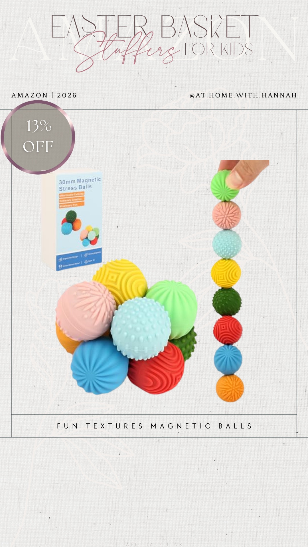 sensory Easter basket filler • toddler toy • fine motor toy 🤍

These textured magnetic balls are such a fun little Easter basket filler — colorful, sensory, and great for little hands. A really good non-candy Easter idea if you want something playful, different, and easy to add to a basket.





•
sensory Easter basket filler • toddler sensory toy • magnetic balls for kids • fine motor toy • non candy Easter basket idea • spring toy for toddlers • little gift for kids • Amazon kids finds

#SensoryToyFinds #ToddlerEasterBasket #FineMotorToy #NonCandyEasterIdeas #AmazonKidsFinds #LTKfamily


#LTKKids #LTKSaleAlert