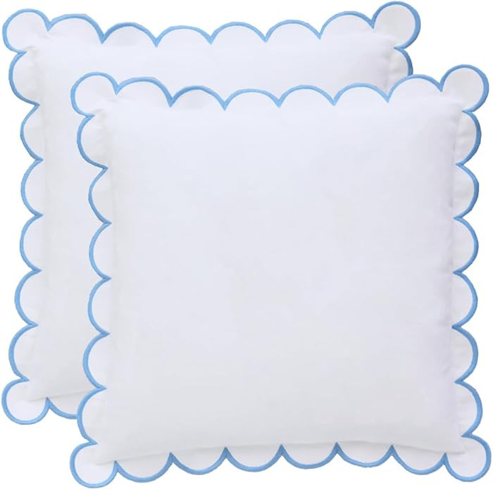 BEBE BASK Scalloped Pillow Cover - Set of 2-18 x 18 Inch - Scallop Pillow Cover – White and Blu... | Amazon (US)