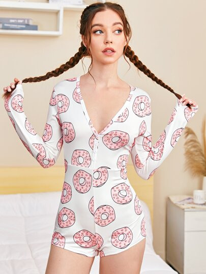 Donut & Letter Graphic Button Front Pajama Onesie | SHEIN