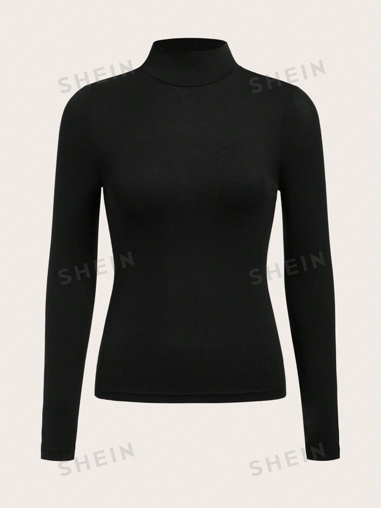 SHEIN BASICS High Neck Solid Fitted Tee | SHEIN