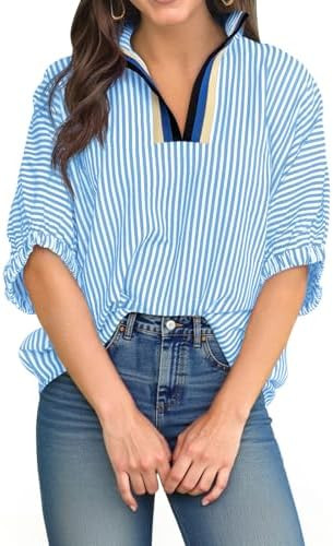 Tankaneo Womens V Neck Striped Polo Shirts Dolman Puff Sleeve Summer Tops | Blouse, Color Block, ... | Amazon (US)