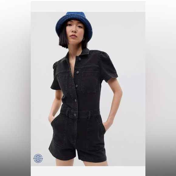 New Gap Women's Puff Sleeve Denim Romper with Washwell, Black Wash, Sz 0P | Poshmark