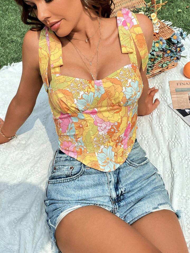 SHEIN WYWH Floral Print Tie Shoulder Bandana Hem Cami Top | SHEIN