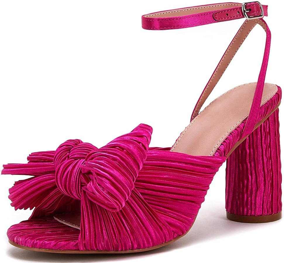 VETASTE Women's Bow Knot Heeled Sandals Bridal Wedding Open Toe Ankle Strap Chunky Heels | Amazon (US)