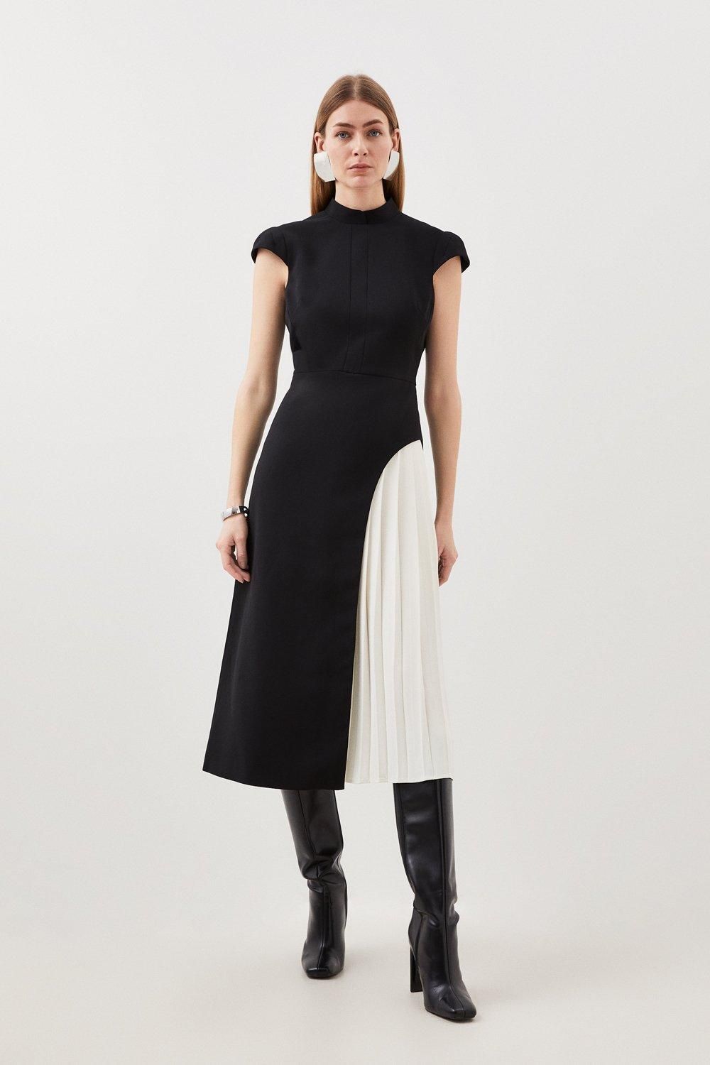 Tailored Crepe High Neck Side Pleat Detail Midi Dress | Karen Millen US