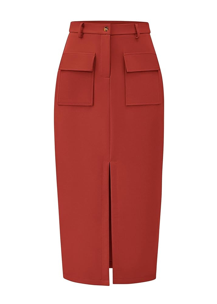 KIRUNDO Women High Waisted Cargo Midi Skirt Trendy Summer Fall Spring Pencil Slit Dressy Casual B... | Amazon (US)