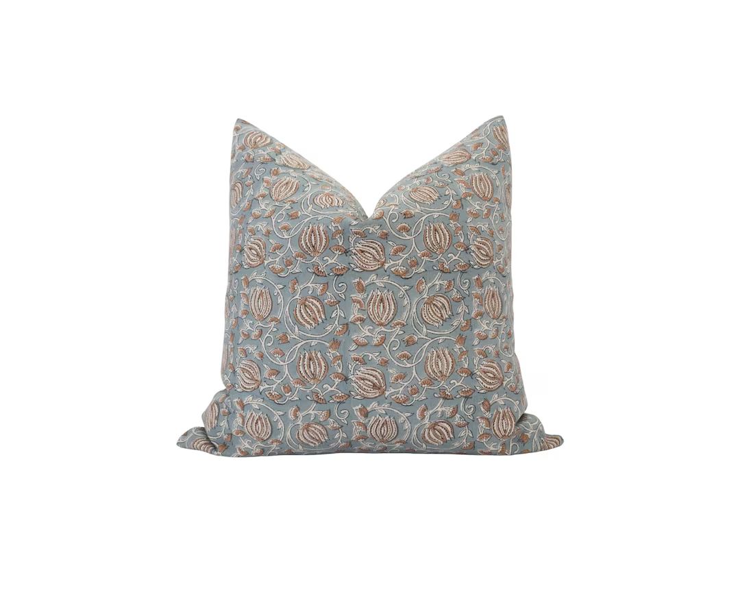 CELESTE Blue and Brown Floral Linen Pillow Cover Designer - Etsy | Etsy (US)