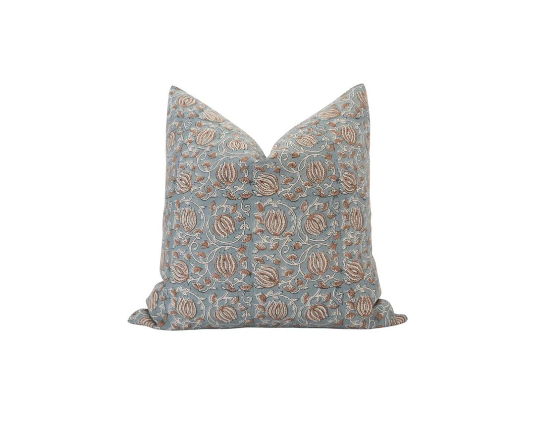 CELESTE Blue and Brown Floral Linen Pillow Cover Designer - Etsy | Etsy (US)