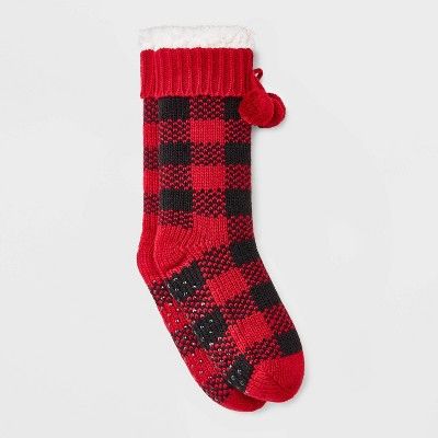 Women's Buffalo Check Plaid Faux Shearling Lined Slipper Socks with Poms & Grippers - Red/Black 4... | Target