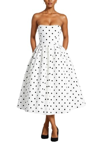 Sezhgswd Women's Elegant Strapless Polka Dot Dress Corset Tube Pleated A Line Flowy Formal Evening Party Maxi Dresses | Amazon (US)