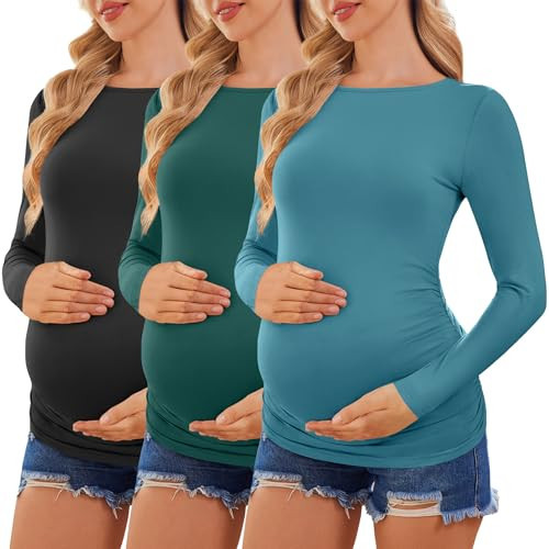 Ekouaer Long Sleeve Maternity Shirts for Women Pregnancy Tunic Tops 3 Pack Pregnant Shirts Boat Neck Tees for New Mom Black/Lake Green/Blue Green M | Amazon (US)
