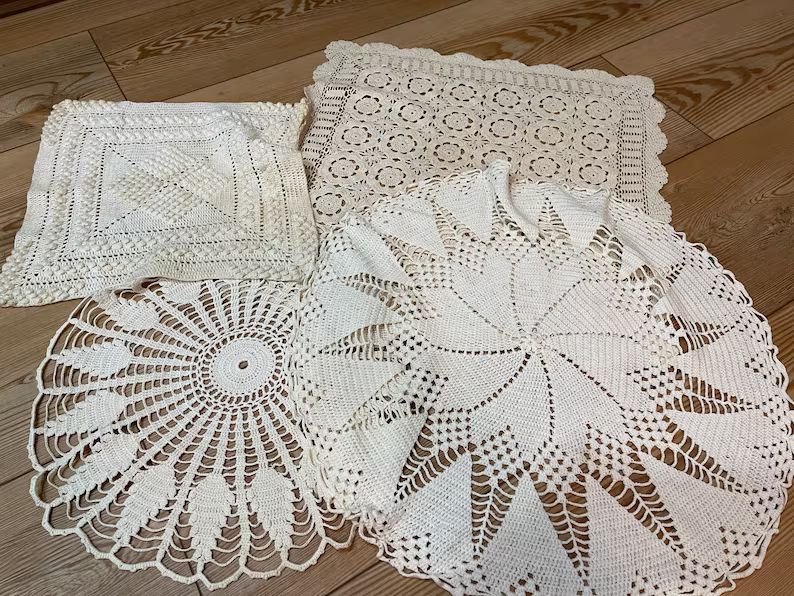 Lot of 4 Vintage Hand Crochet Off White Ecru Doilies Variety of Sizes and Styles | Etsy (US)