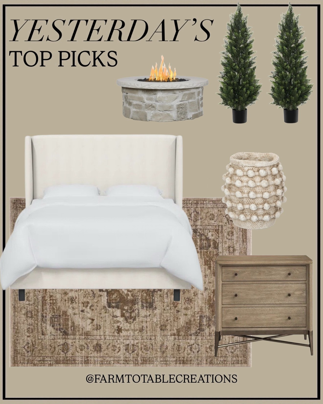 Yesterday’s Top Picks You Loved

Follow @farmtotablecreations on Instagram for more home finds and styling ideas 🤍

You all were loving these finds yesterday and honestly… I get it 🤍 This mix is the perfect blend of cozy and elevated. The upholstered bed paired with that vintage-inspired rug instantly warms up a space, and that wood nightstand is such a staple piece you’ll use forever. The textured vase adds the prettiest detail, and those topiaries + fire pit are perfect for bringing that same neutral, styled look outdoors too. These are the kinds of pieces that just work together effortlessly.

#bedroom #nightstand #arearug #homedecor #bedroomideas

#LTKSaleAlert #LTKHome