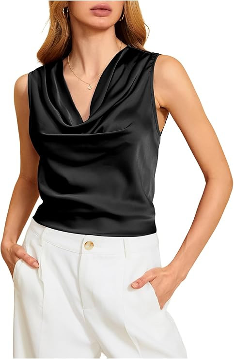 MakeMeChic Women's Draped Cowl Neck Camisole Silk Satin Tank Tops Office Work Shirt Summer Blouse | Amazon (US)