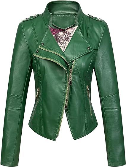 chouyatou Women's Candy Color Asymmetric Zip Slim Faux Leather Cropped Moto Jacket | Amazon (US)