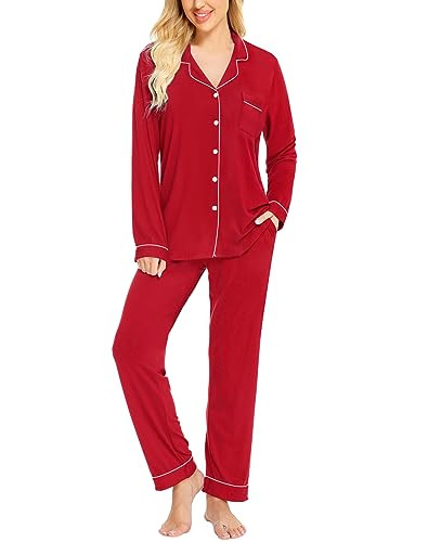 SWOMOG Womens Pajamas Set Long Sleeve Sleepwear Button Down Nightwear Soft Pj Lounge Sets Red | Amazon (US)