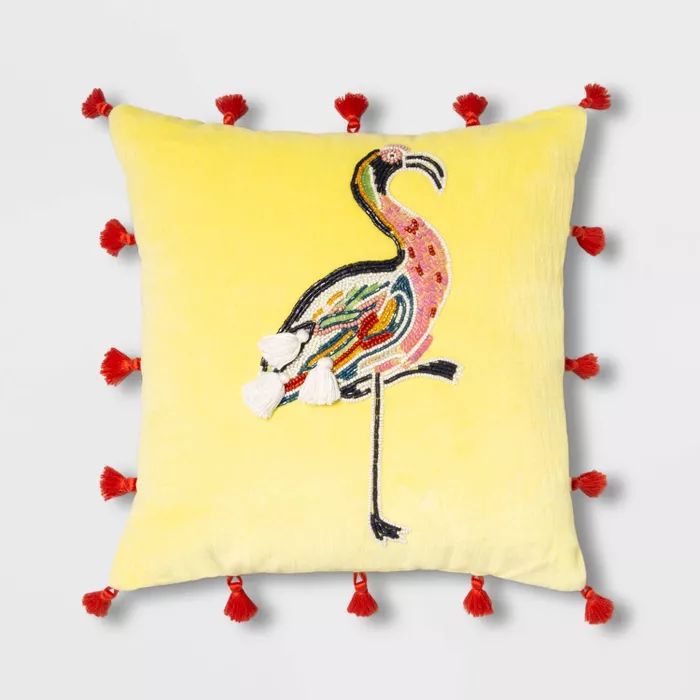 Square Embellished Flamingo Velvet Pillow with Tassels Yellow - Opalhouse™ | Target