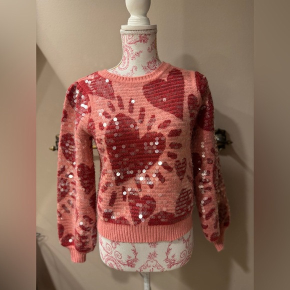 FARM Rio Sequin Heart Sweater in Pink and Red Sz Small | Poshmark